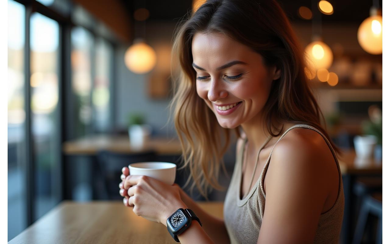 Žena nosí elegantní personalizované Apple Watch s pozadím městské kavárny